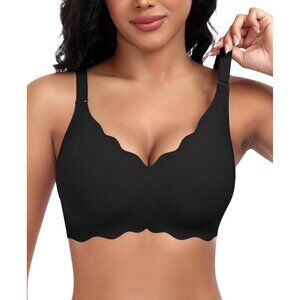 🆕Women Black Nylon Scalloped Bra No Underwire Wireless Seamless Lift Soft